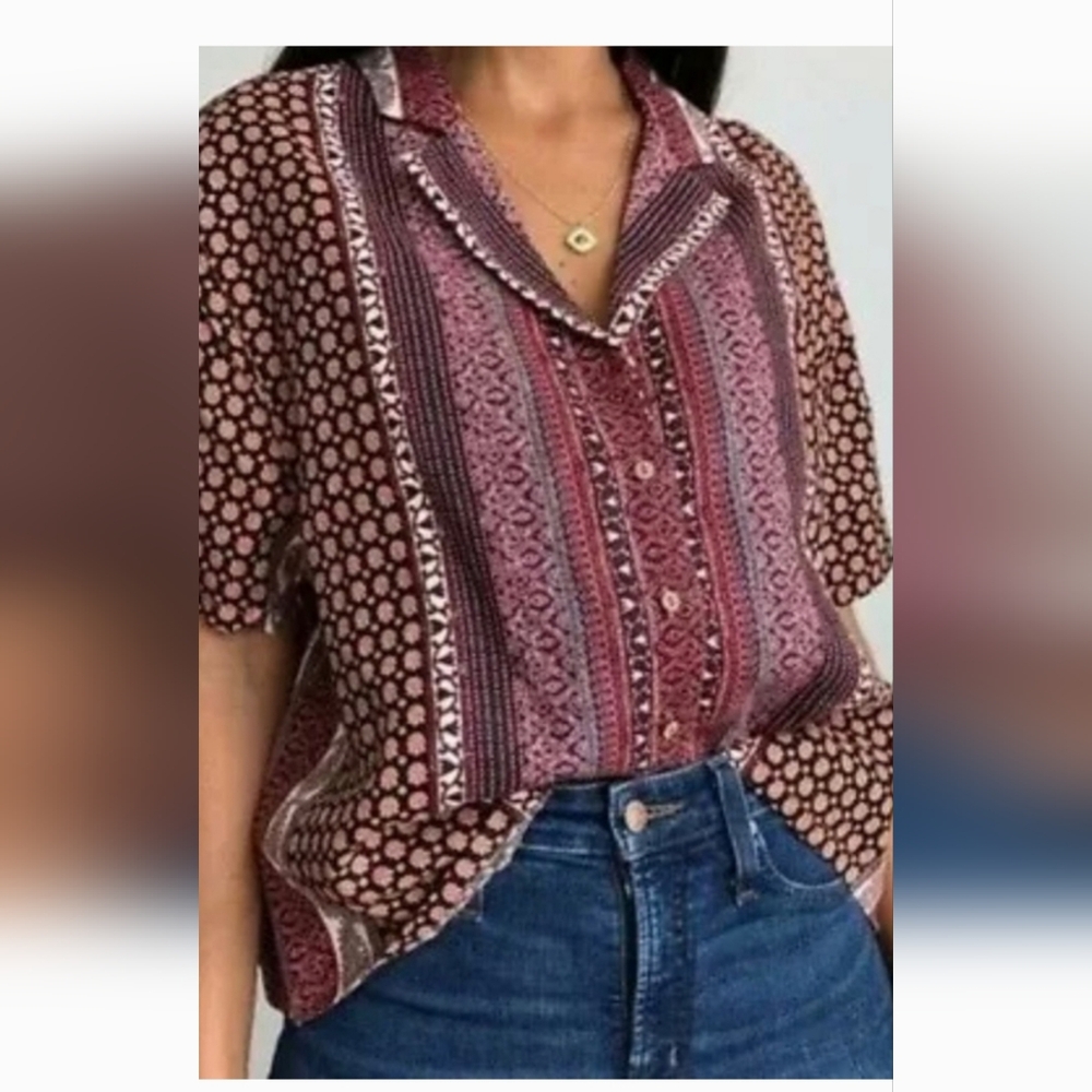 Rachel Zoe Top 100% Linen Tribal Patterned Crop Boxy Blouse L New with Tags